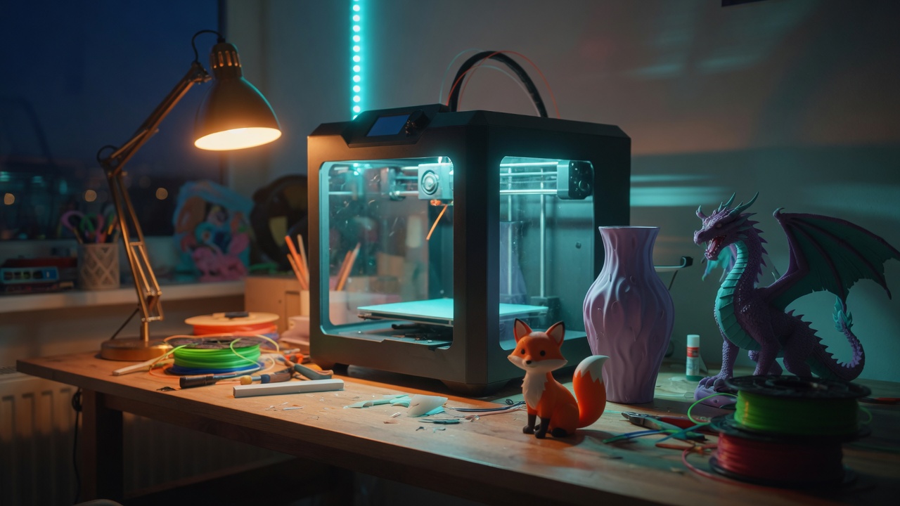 A desktop 3D printer on a workshop desk with finished prints nearby